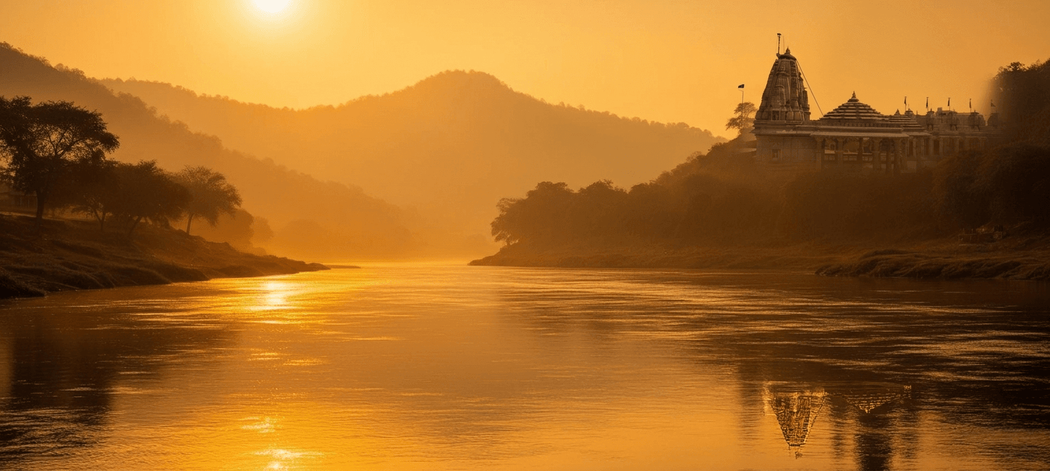 Machhu River at dawn with temple silhouette